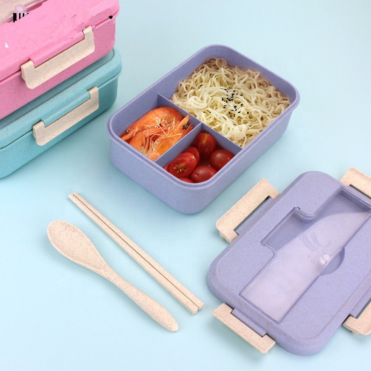 IKILOSHOP Kotak Tempat makan Bahan Jerami Gandum Lunch Box Set Dengan Sendok Garpu Sumpit