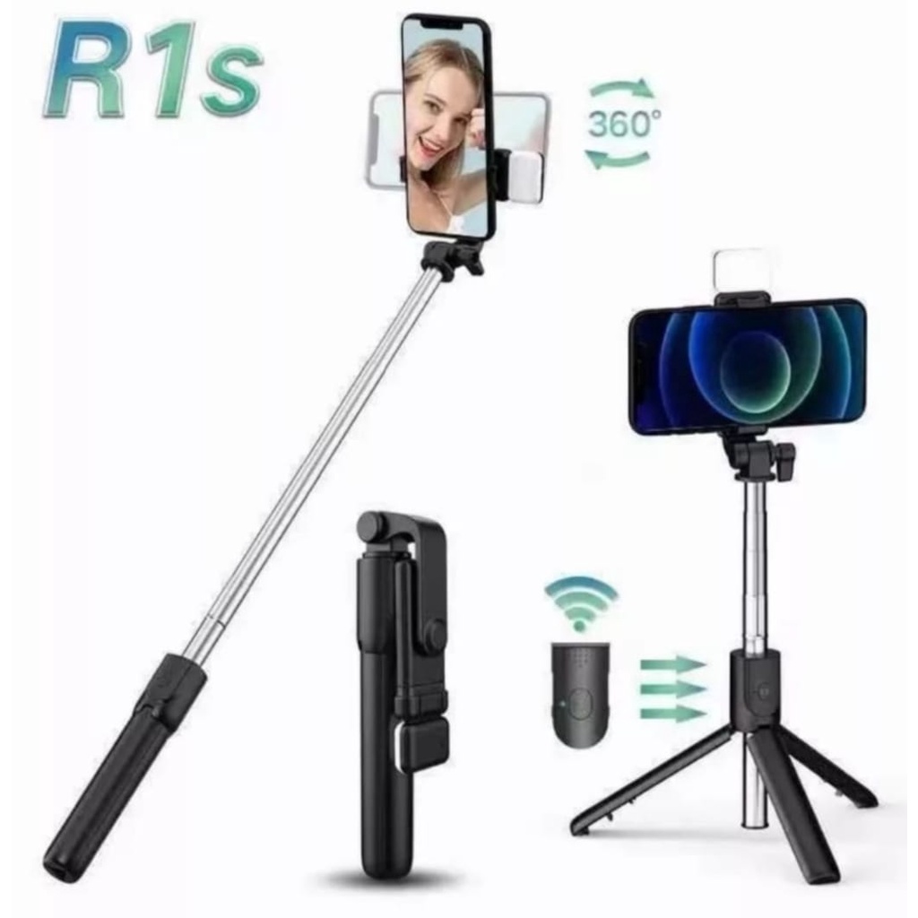 Tripod Tongsis R1s-LED 3IN1 Bluetooth Wireless With Remote Control Selfie Stick 360-Tripod Selfie Stick Standing Wireless Support Ios Android Dudukan GoPro-Tongsis Nirkabel Monopod Tripot R1S LED