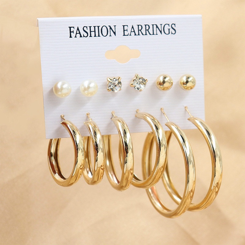 Fancyqube 6 Pasang / Set Anting Bulat Besar Warna Emas Hias Mutiara Kristal Berlian Imitasi