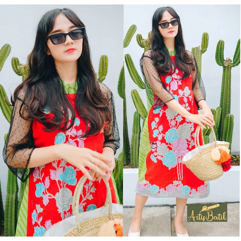 NEW READY STOCK DRESS GITA ASMARA MIX RENDA DOTTY LOCAL COLD SHOULDER BATIK WANITA CAP HALUS ADEM AS