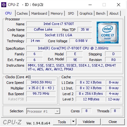 Processor Intel Core i7 9700T tray socket 1151 Coffee Lake