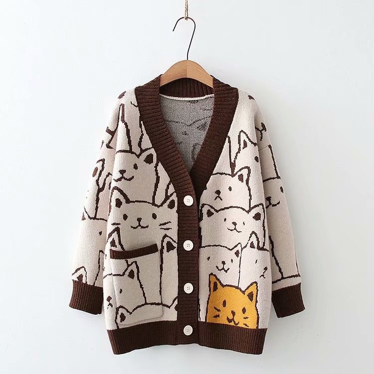 Harajuku Cardigan Cartoon Cat Rajut Knit Outer Premium Tebal