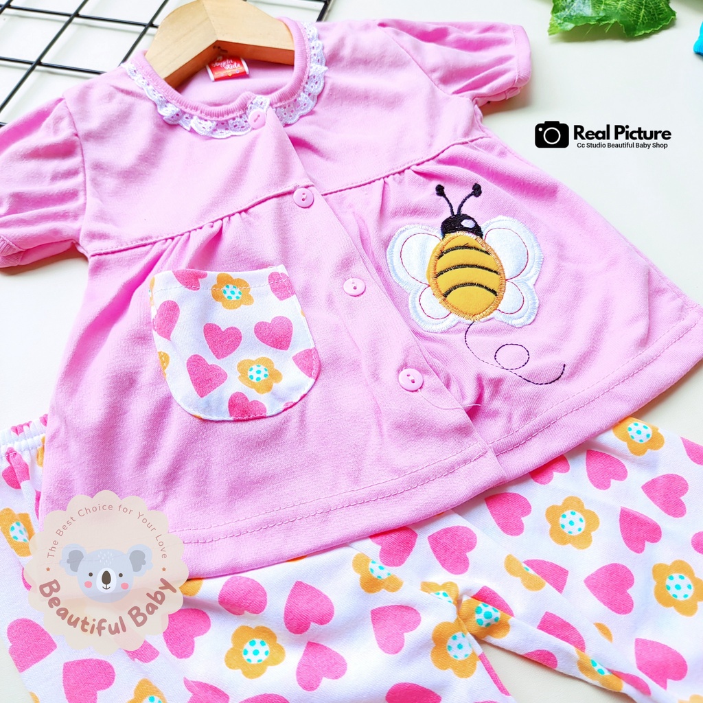 Baby.ou - Setelan Baju Bayi Lengan Pendek Celana Panjang Motif Bordir Bee / Setelan Piyama Bayi Perempuan 3-12 Bulan / Baju Bayi Perempuan Yeiko