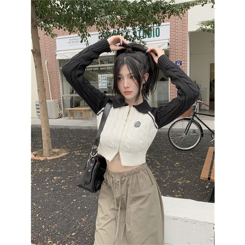 Jaket Sweater Ritsleting Gaya Amerika Wanita Musim Gugur Baru Slim Rajutan Cardigan Bawahan Atasan Lengan Panjang