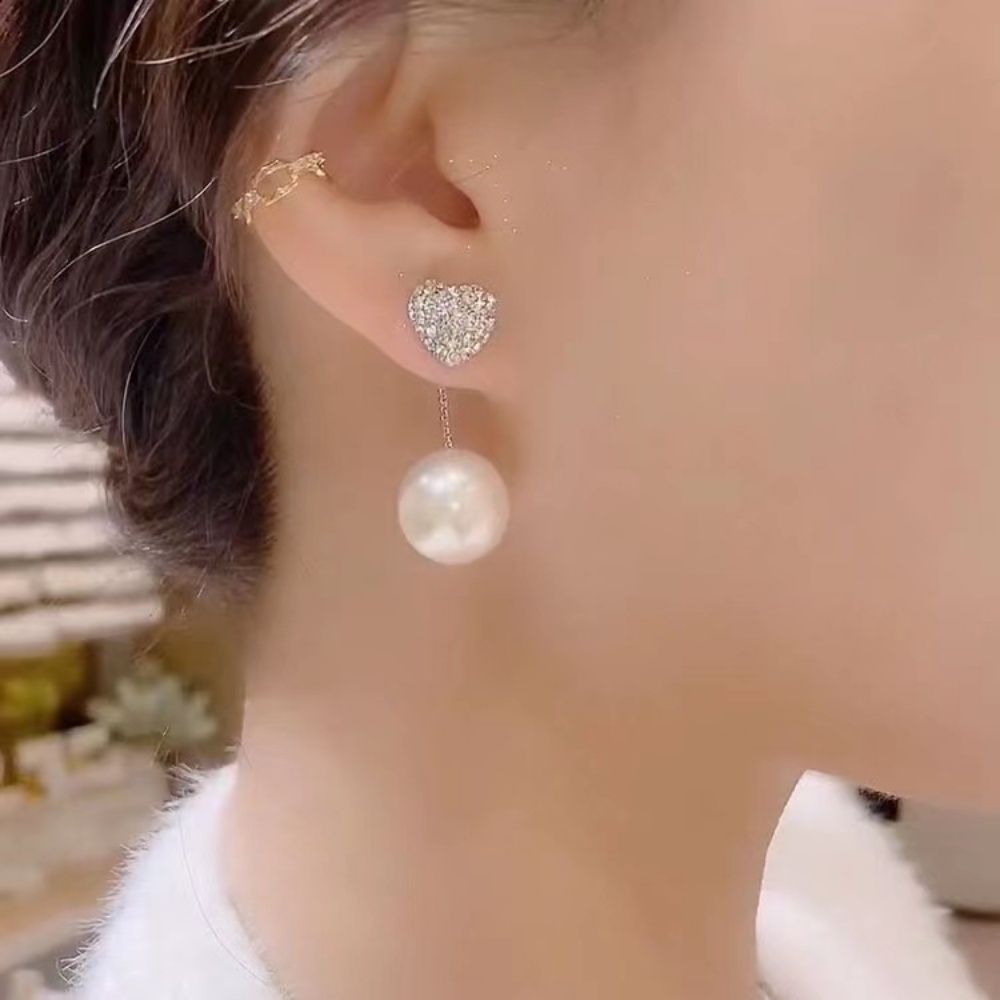 2022 Anting Tusuk Gantung Desain Hati Hias Mutiara + Berlian Gaya Korea / Elegan Untuk Wanita