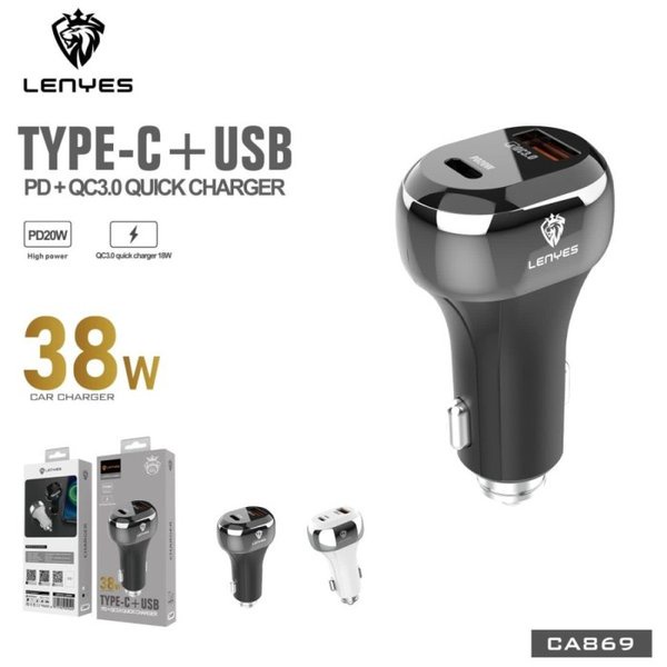 LENYES CA869 38W Car Charger Saver Mobil Quick Charge 3.0 2in1 Type C USB Port