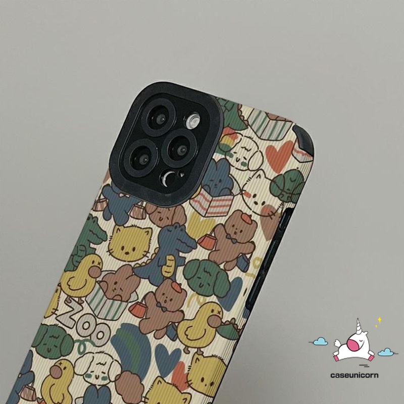 Soft Case Bahan Kulit Motif Kartun Hewan Anjing Kucing Beruang Dinosaurus Untuk iPhone 11 14 13 12 Pro Max XR 7Plus 8Plus X XS Max 13 14 11 Pro Max