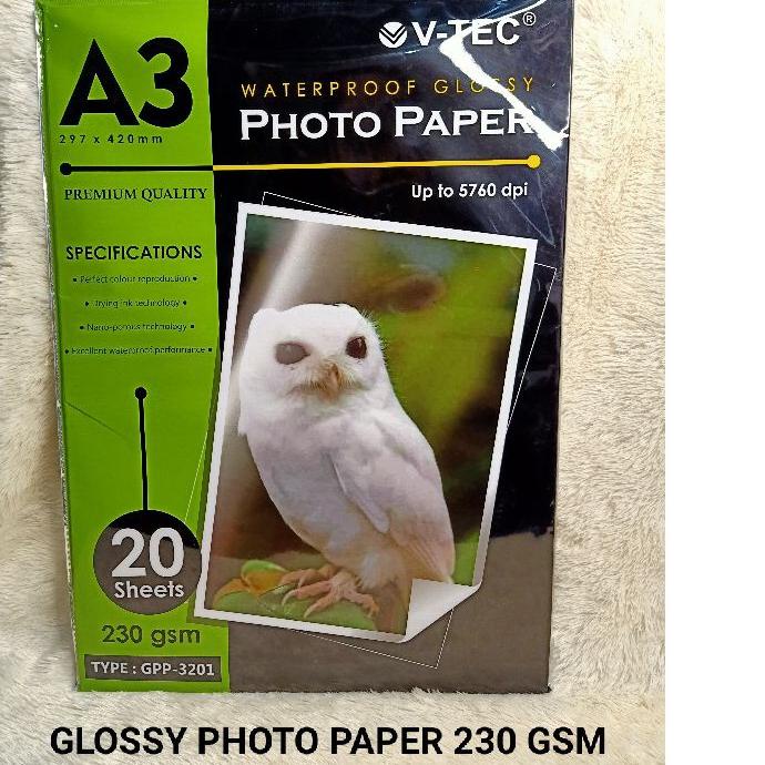 

Hot GLOSSY PO PAPER 230 GSM A3/20 LEMBAR V-TEC WATER PROFF 정