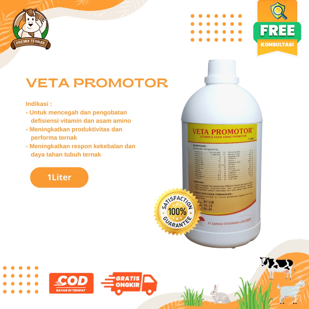 Veta Promotor 1 Liter - Mirip Introvit Oral - Premix Cair Multivitamin Asam Amino Lengkap Pemacu Pertumbuhan Ternak kambing Sapi Domba Cempe Pedet