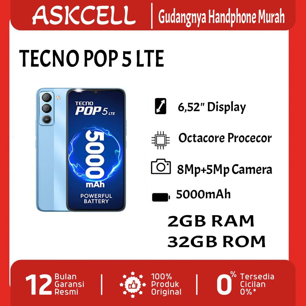 TECNO POP 5 LTE [120+ Quality Test, 5000mAh, 6,5" HD+, Fingerprint + Face Unlock] #HPNYASEJUTAUMAT B