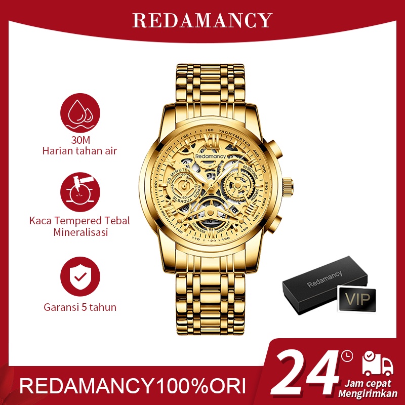 Redamancy Original Jam Tangan Pria Anti Air Luxury bisnis bercahaya Stainless Steel Watch emas murni