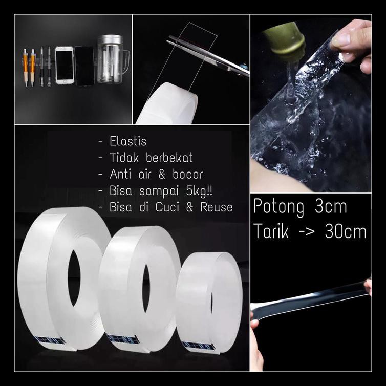 Nano 30mm x 1m Double Tape Bening Tahan Air Acrylic Washable Praktis