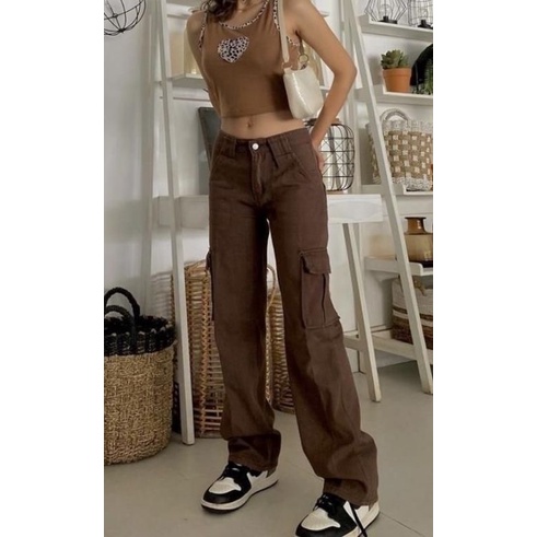 (27-30) DARK BROWN HW CARGO LOOSE JEANS / COKLAT TUA HW CARGO LOOSE JEANS / CELANA HIGHWAIST CARGO LOOSE JEANS WANITA CEWEK