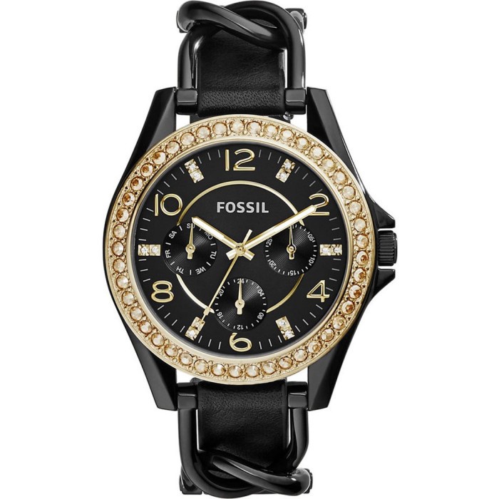 Jam Tangan Wanita Riley ES3696 Chronograph Multifunction Leather Strap Black Gold