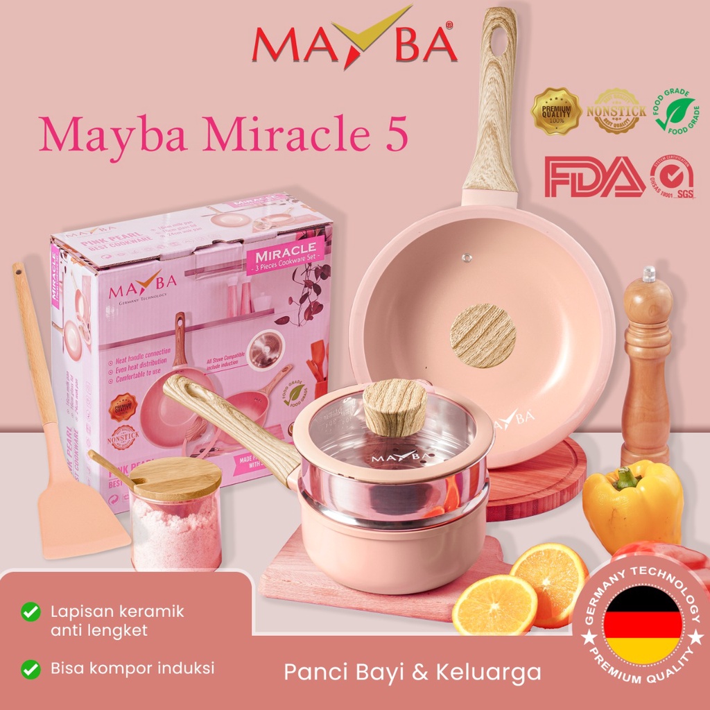 PANCI SET MAYBA GERMANY 9 PC ESSENTIAL Granite Anti lengket NEW COOKWARE SET pastel pink / beige - wajan penggorenangan wok marble