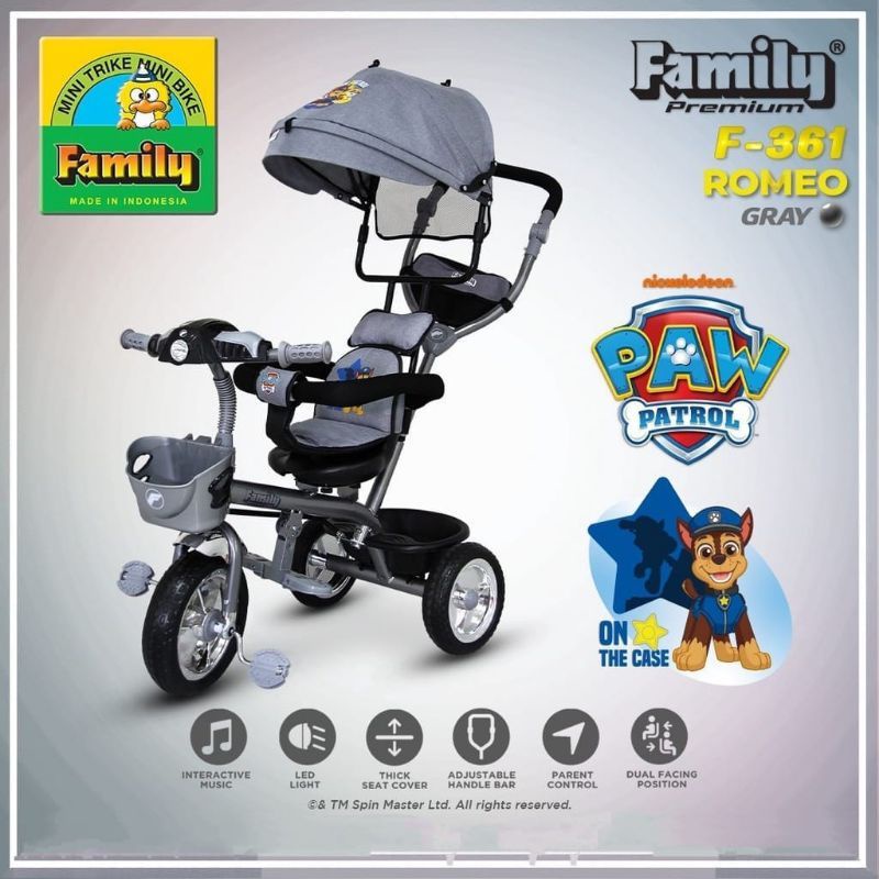 SEPEDA ANAK RODA TIGA FAMILY F-361 361 ROMEO IC MUSIC PAW POLISI SPONGBOB BLAZE NICKELODEON