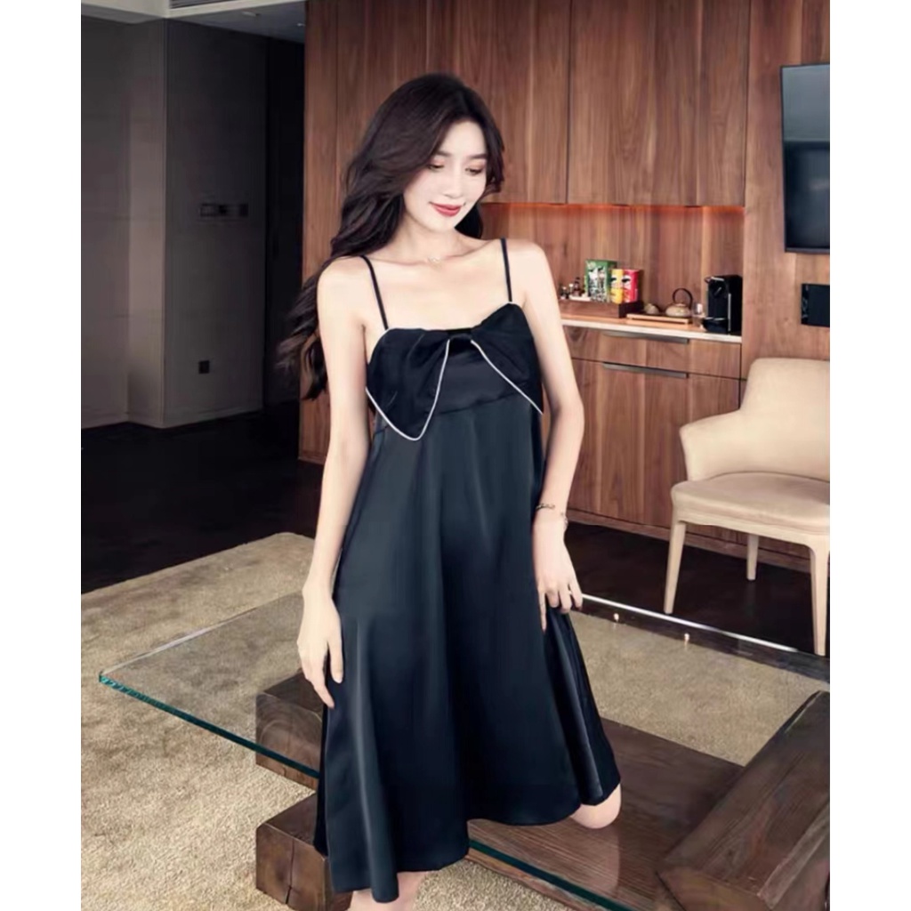 Baju Tidur Dress Tidur Rok Bow Camisole Cute Putri Manis Sweet Import Hitam Black