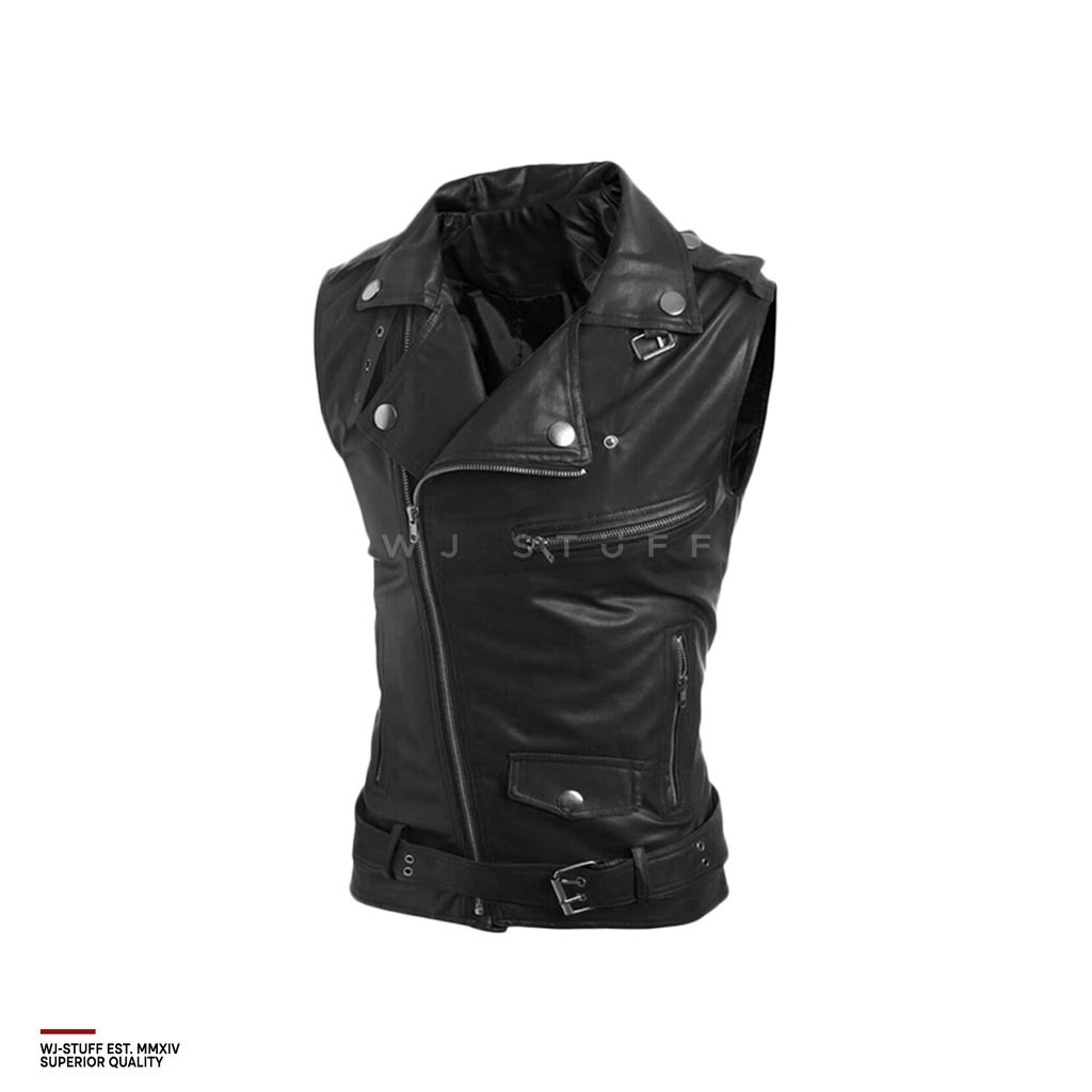 WJ Stuff - Rompi Kulit Sintetis Pria Rock n Roll Vest Hitam Merah