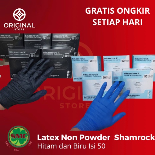 SARUNG TANGAN KARET LATEX SHAMROCK HITAM POWDER FREE Isi 50