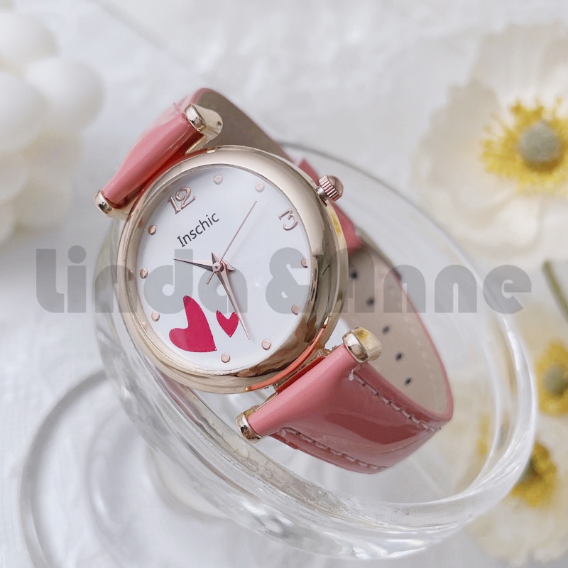 Jam Tangan Wanita Analog Korean Strap Pu Leather Dial Bulat Motif Love