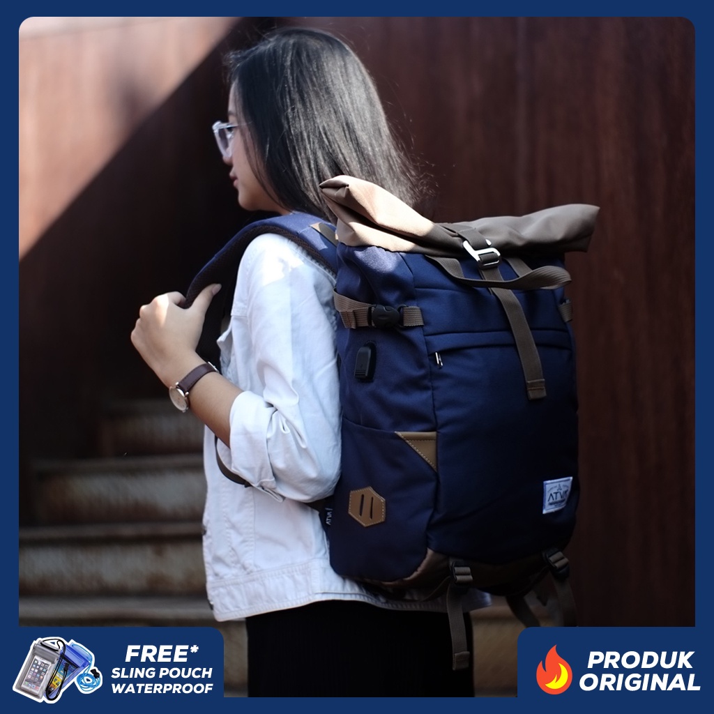 HARRIER NAVY KHAKI ORIGINAL x ATVA Ransel Casual Biru Dongker Pria Wanita Daily Backpack Kuliah Kampus Kerja Kantor Sekolah SMA SMK Tas Punggung Laptop Ukuran Besar 14 Inch Rolltop Bagpack Distro Premium Roll Top Outdoor Travel Traveling Bag Keren Terbaru