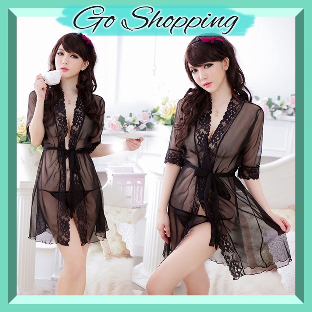 GO! BT907 Lingerie Set Sexy+G String Bahan Renda Transparan Model Kimono