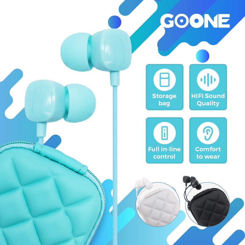 GOONE Earphone Dengan Pouch Type-C Kabel 120 cm Stereo Sound Hifi Sound Quality Dilengkapi Kantong Tempat Earphone Cantik