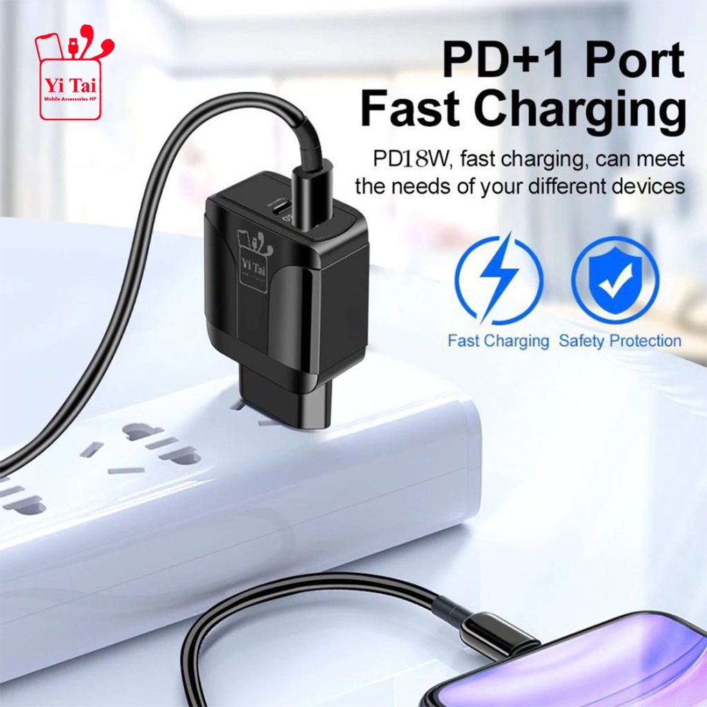 CHARGER DUAL PORT USB QC3.0 &amp; TYPE C PD18W QUICK CHARGER YI TAI PD001 - BC