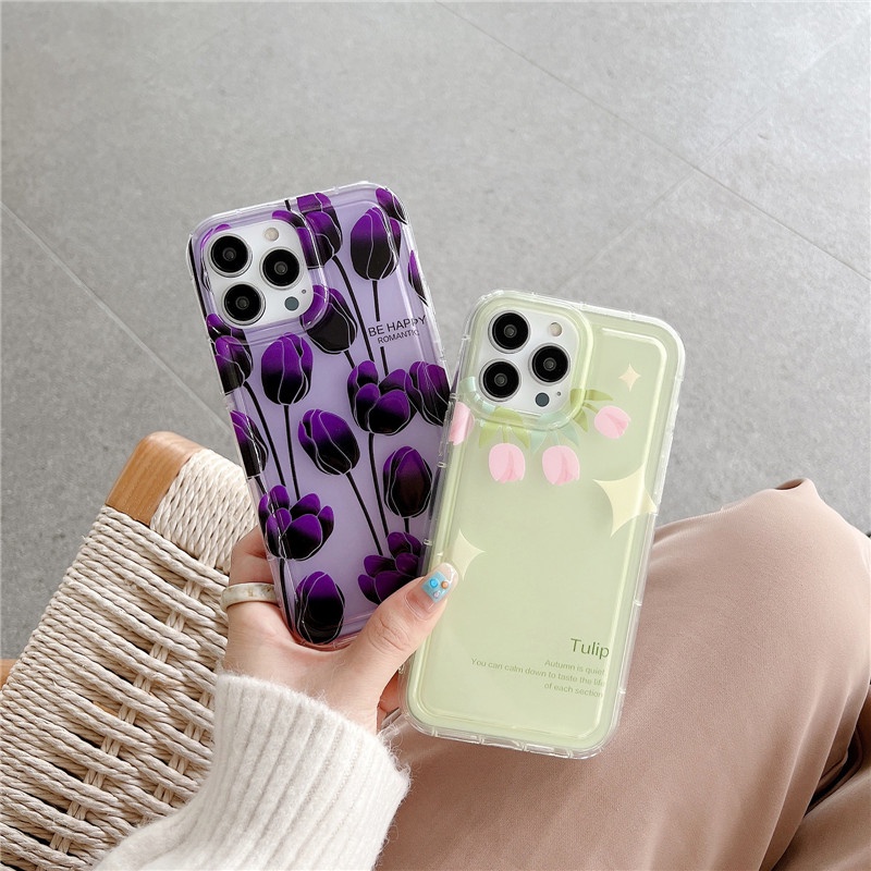 Soft Case TPU Motif Bunga Tulip / Beruang / Pelangi Untuk IPhone 14 13 12 11 Pro Max