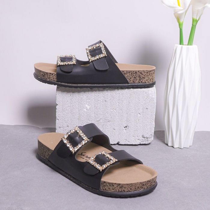 Sara Sara KIMMY Sandal Slop Wanita Terbaru Sendal Kulit Selop Cewek Casual Birken Gesper Berlian Size 36 sd 41Kekinian