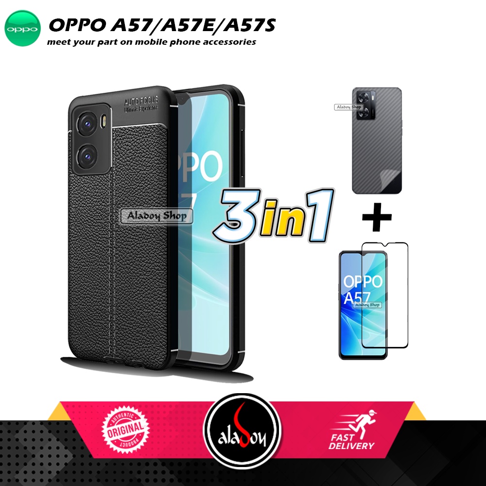 Case Oppo A57 / A57S / A57E 4G Softcase Leather + Tempered Glass Layar Full Cover + Skin Carbon 3D