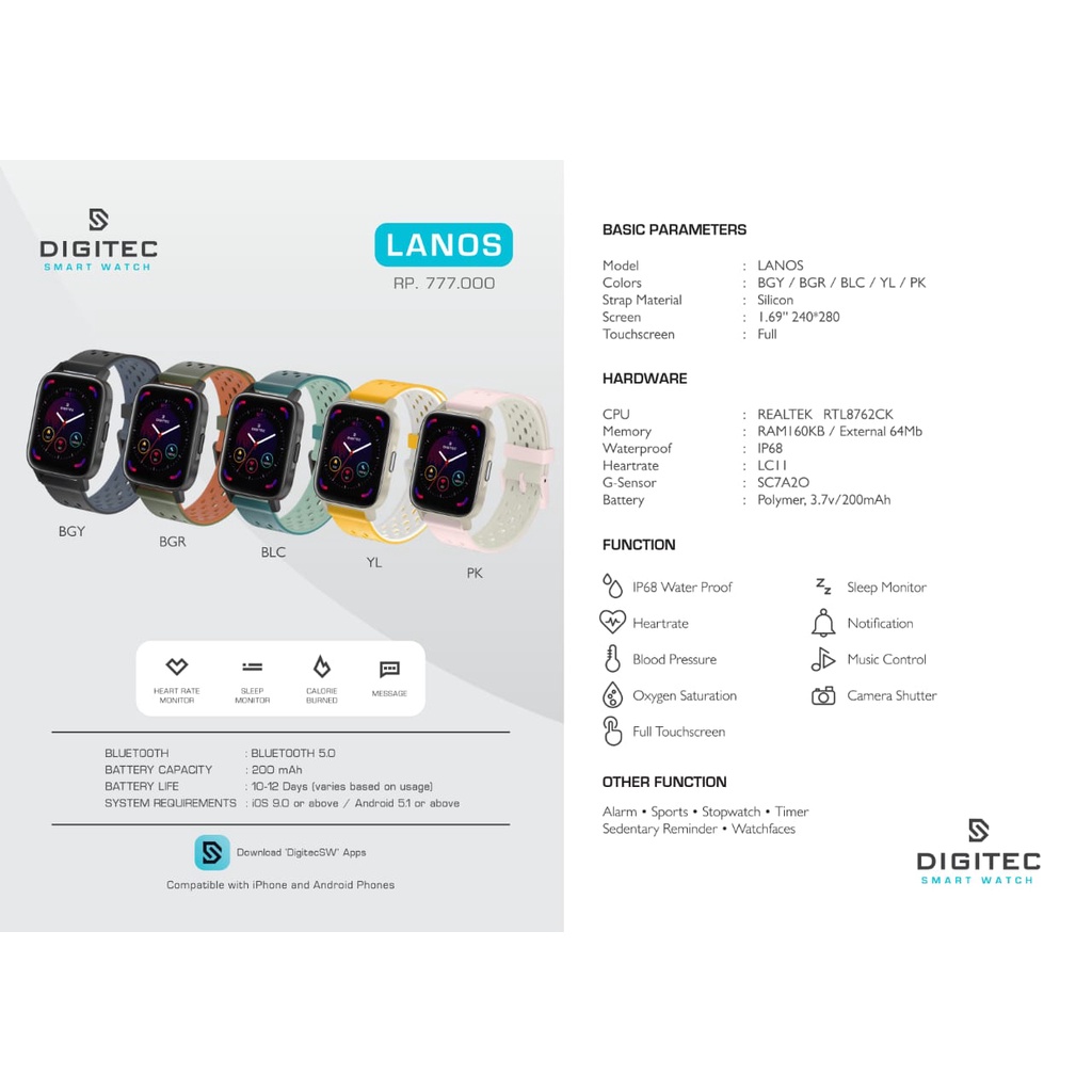 Jam Tangan Unisex Digitec LANOS New Series Original Smart Watch Multifungsi Tali Full Rubber