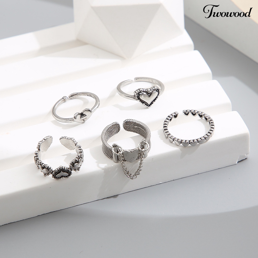 3 / 5Pcs Cincin Knuckle Model Hollow Out Hati Bahan Alloy Untuk Aksesoris Perhiasan