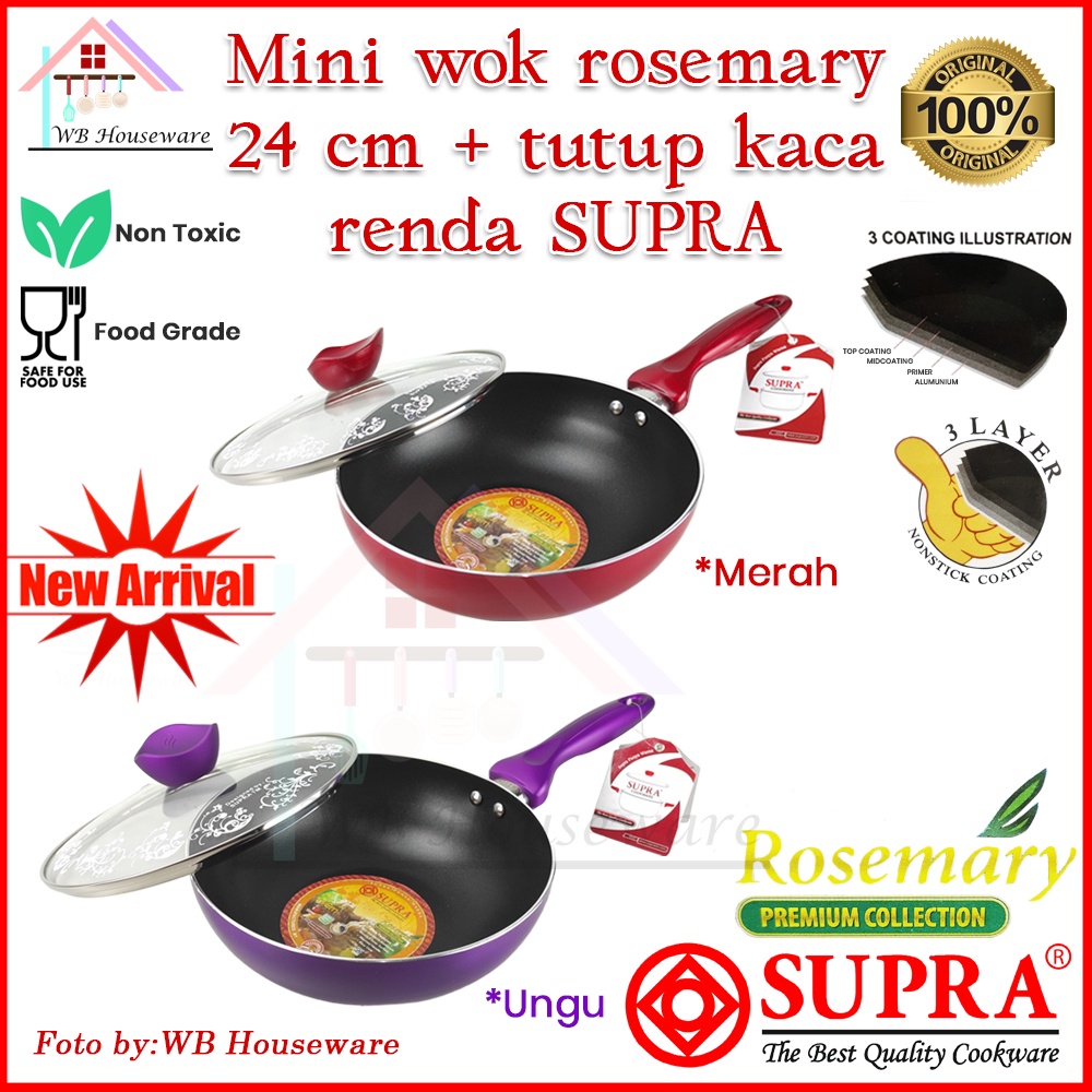 Supra panci mini wok 24cm + tutup kaca / penggorengan anti lengket / wajan gagang warna ungu dan mer