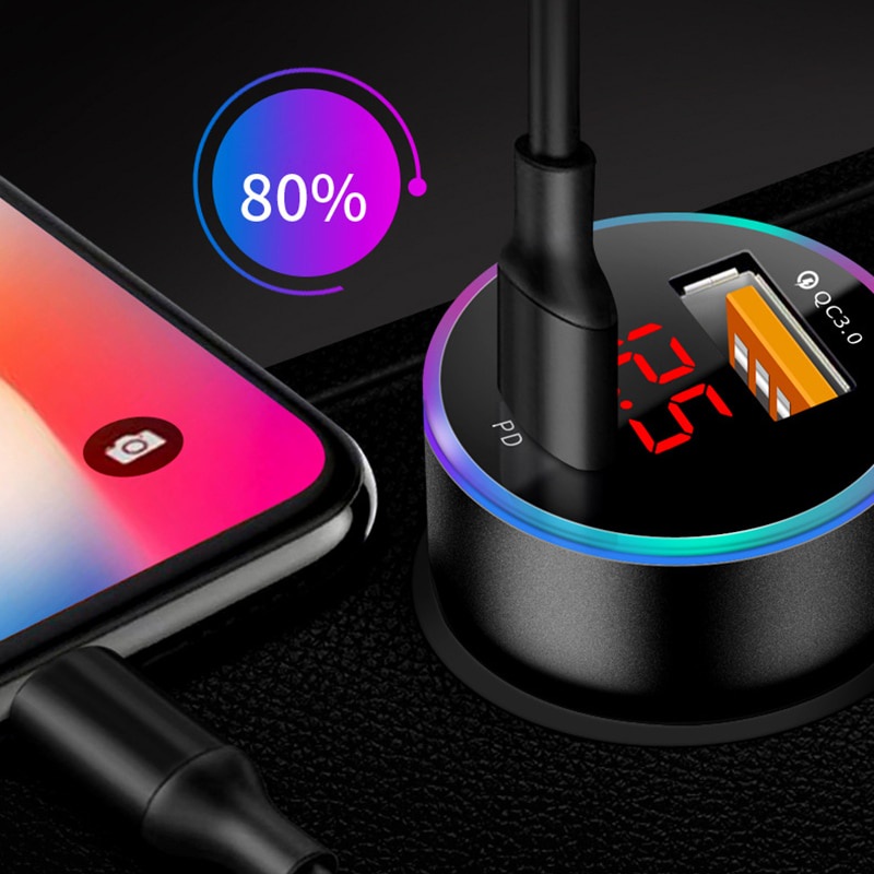 TRIPLEDI Car Charger HP QC 3.0 3.1A 2 Port USB Type C iPhone PD Fast Charging Mobil Samsung 38W Max LED Digital Display Pengisi Daya Mobil iPad Handphone Cas Adapter Ponsel IOS Casan Tablet Android-2