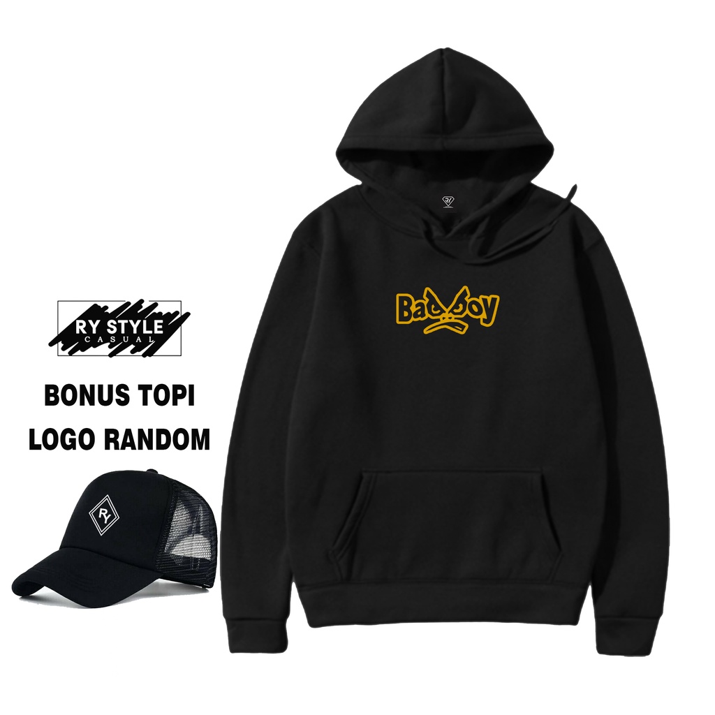 Ry Style - Jaket Hoodie BadBoy Motif Gold + Topi Random  - Bonus Topi Ry - Hoodie Pria Dan Wanita - 