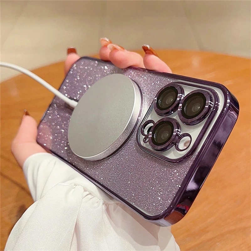 IPHONE Glitter Plating Magsafe Wireless Charging Case Kompatibel Untuk Iphone14 13 12 11 Pro Max 14Plus Casing Mewah Dengan Penutup Perlindungan Film Lensa