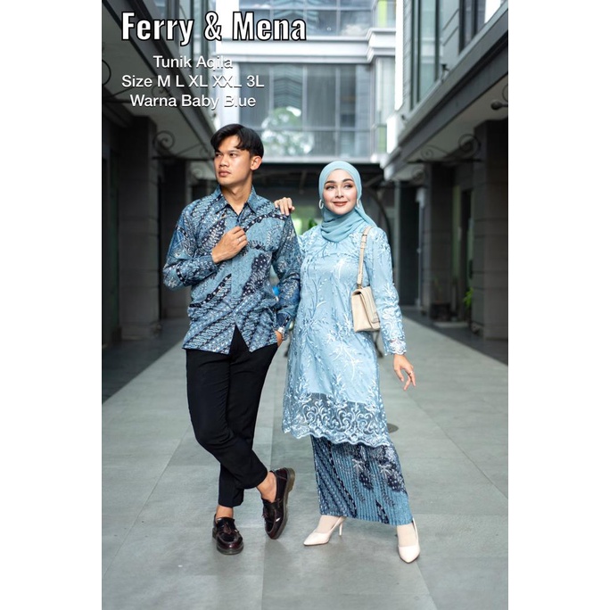 Baju Couple Pasangan set Kebaya Tunik Tulle BabyBlue Rosegold batik pria Wisuda modern tunangan bali