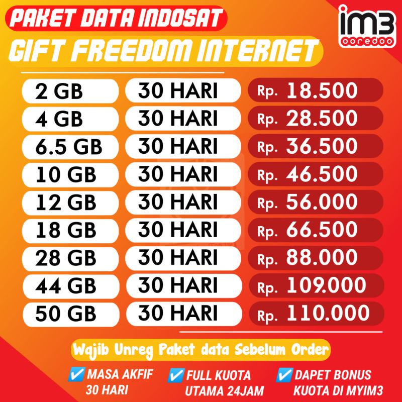 Kuota Gift Indosat Freedom Internet/Paket Data New Freedom Internet