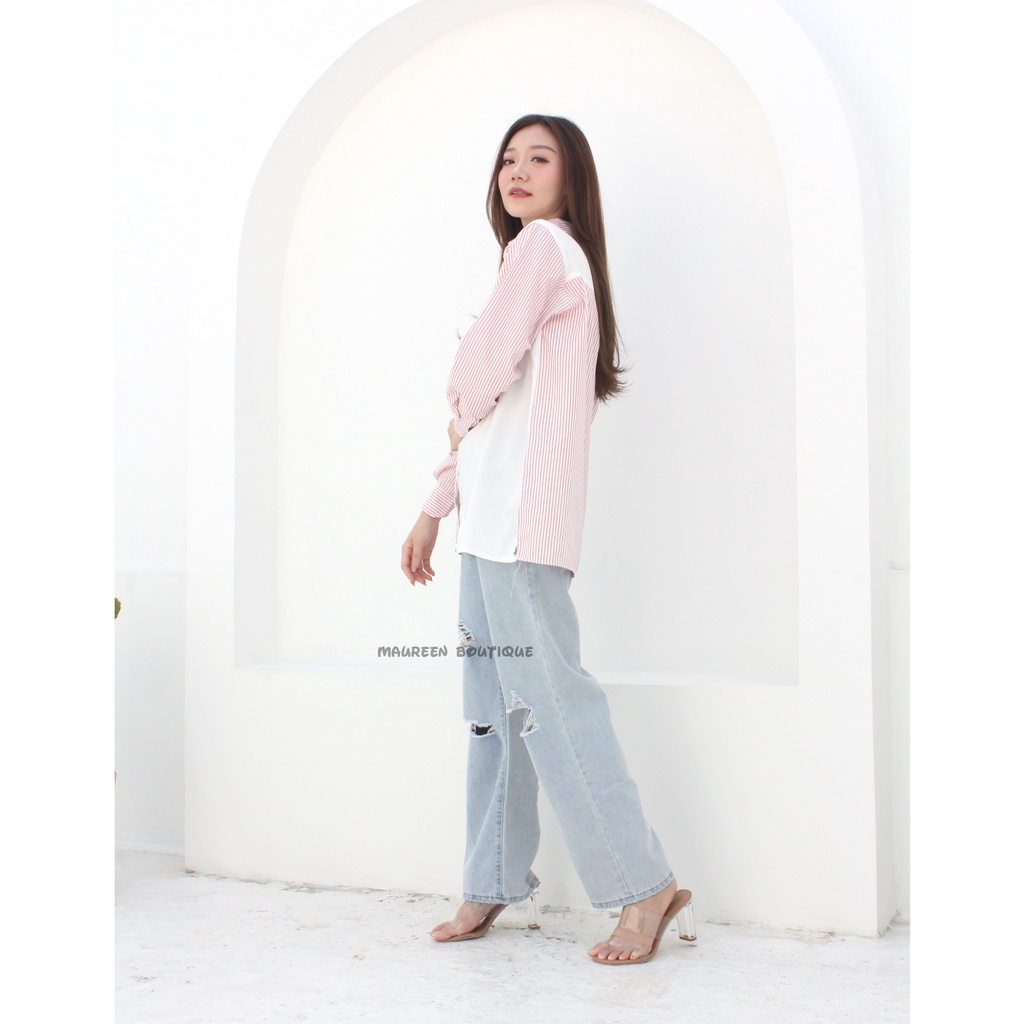 Kemeja Lengan Panjang Wanita Stripe Pastel Combine