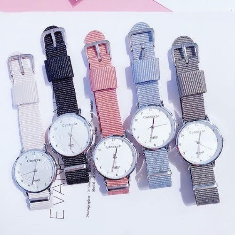 Jam Tangan Wanita Analog Quartz Casual Simple CandyCat Chic Strap Nylon Kanvas  Fashion Watch