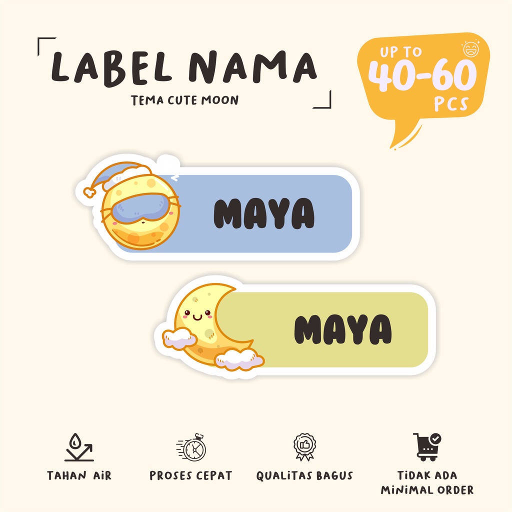 

( 40 - 60 pcs ) label nama lucu edisi CUTE MOON/waterproff sticker/murah/label nama/cetak stiker nama