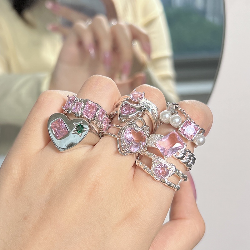 Cincin Model Terbuka Bahan Alloy Desain Hati Hias Mutiaraberlian Imitasizircon Pink Untuk Wanita