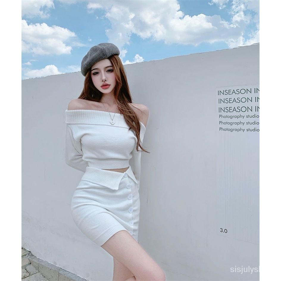 #Sisjuly# Atasan rajutan kerah satu bahu baru wanita + set setelan rok setengah badan pinggul paket