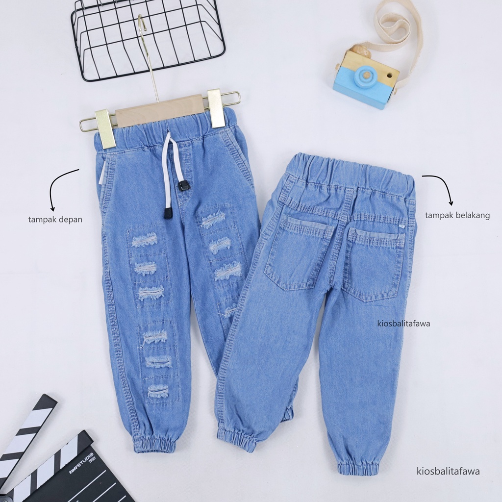 (1-5 Tahun) Ripped Jogger Jeans / Universal Anak Laki Perempuan Bahan Levis Denim Celana Panjang Denim Pants Sobek Jins Gaya Elegant Korea kualitas Import Lepis Babycinnamon