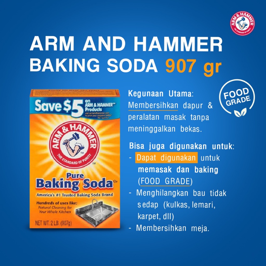 ARM &amp; HAMMER Baking Soda - Mengembangkan Adonan Kue 907GR - Membersihkan noda dan menghilangkan bau tidak sedap