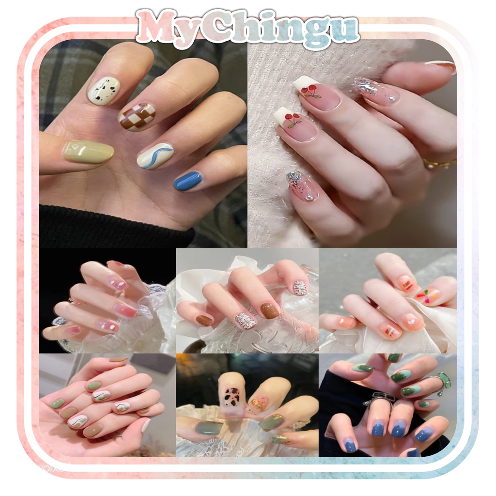 ❀ Chingu ❀ AW001 Kuku Palsu 24 Pcs Free Lem Cair Matte Glossy Motif Cute Dan Lem Kuku Nail Art Kotak