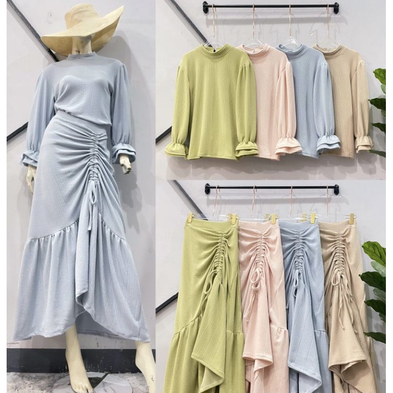 oneset  import serut nagita, oneset knit, setelah rok serut, oneset rok, set baju muslim, oneset mur