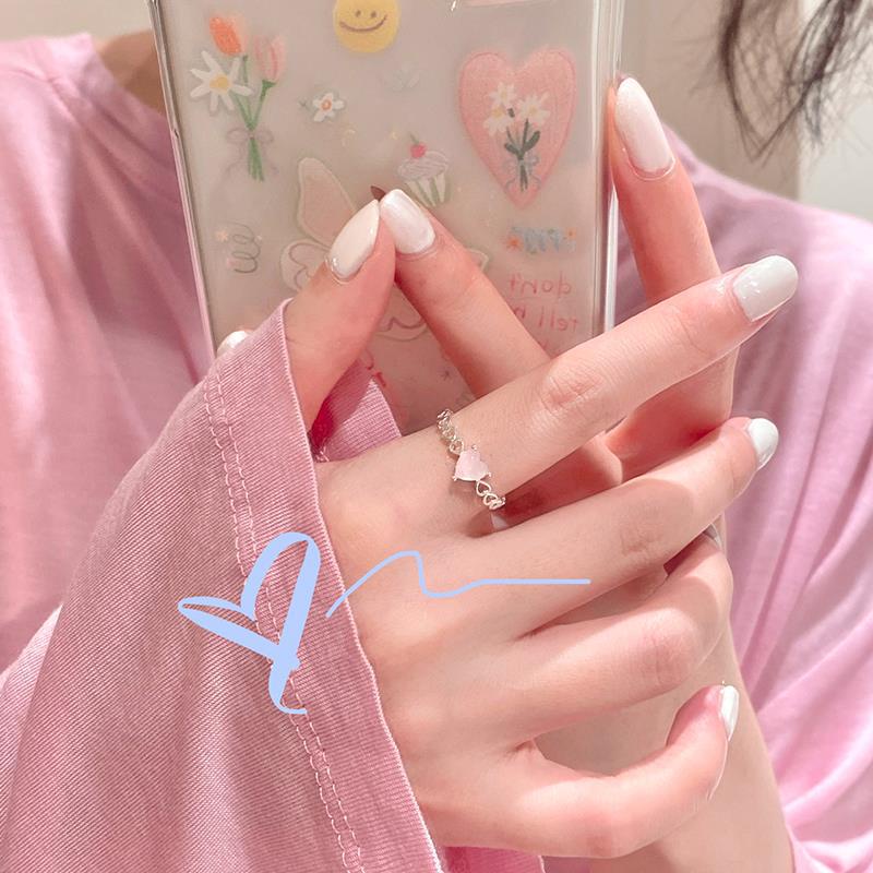 Cincin Model Terbuka Bentuk Hati Bahan Zirkon Warna Pink Gaya Korea Untuk Wanita