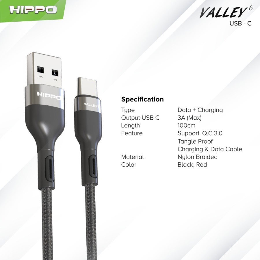 Hippo Valley 6 Kabel data USB Type C 100cm Quick Fast Charging